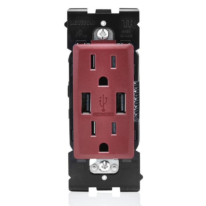 Leviton Combination Duplex Receptacle/Outlet And USB Charger 15A 125V Renu Tamper-Resistant Receptacle/Outlet NEMA 5-15R Deep Garnet (RUAA1-DG)