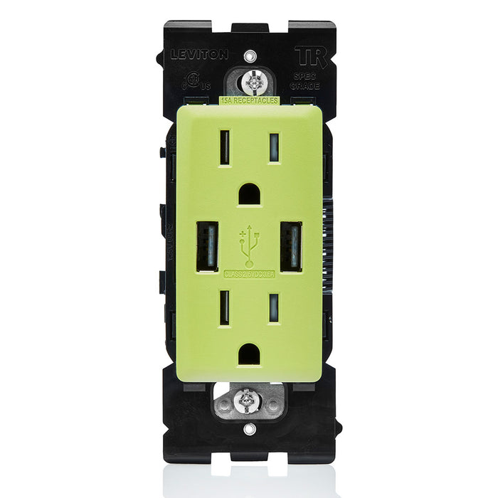 Leviton Combination Duplex Receptacle/Outlet And USB Charger 15A 125V Renu Tamper-Resistant Receptacle/Outlet NEMA 5-15R Granny Smith Apple (RUAA1-GS)