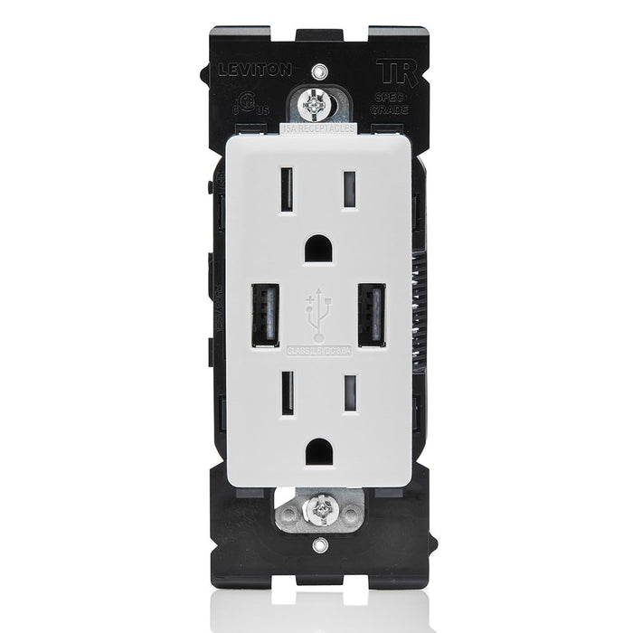 Leviton Combination Duplex Receptacle/Outlet And USB Charger 15 Amp 125V Renu Tamper-Resistant Receptacle/Outlet NEMA 5-15R White On White (RUAA1-WW)