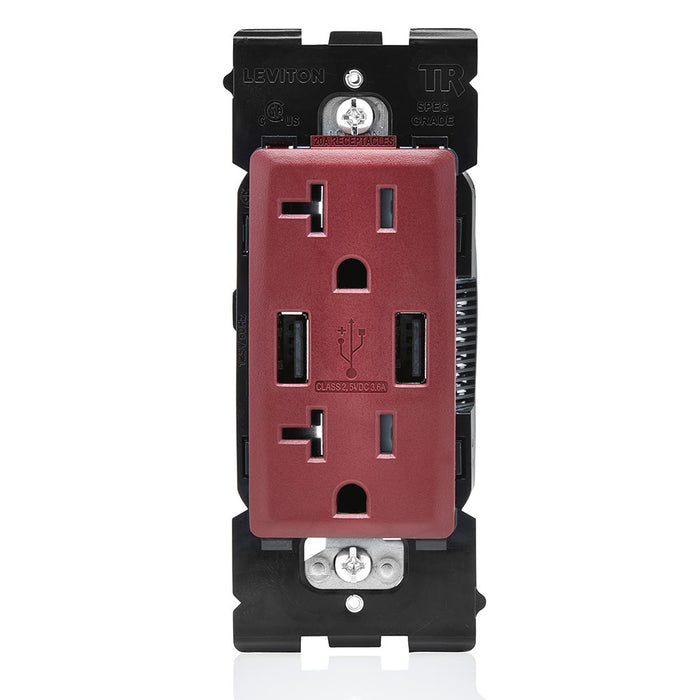 Leviton Combination Duplex Receptacle/Outlet And USB Charger 20 Amp 125V Renu Tamper-Resistant Receptacle/Outlet NEMA 5-20R Deep Garnet (RUAA2-DG)