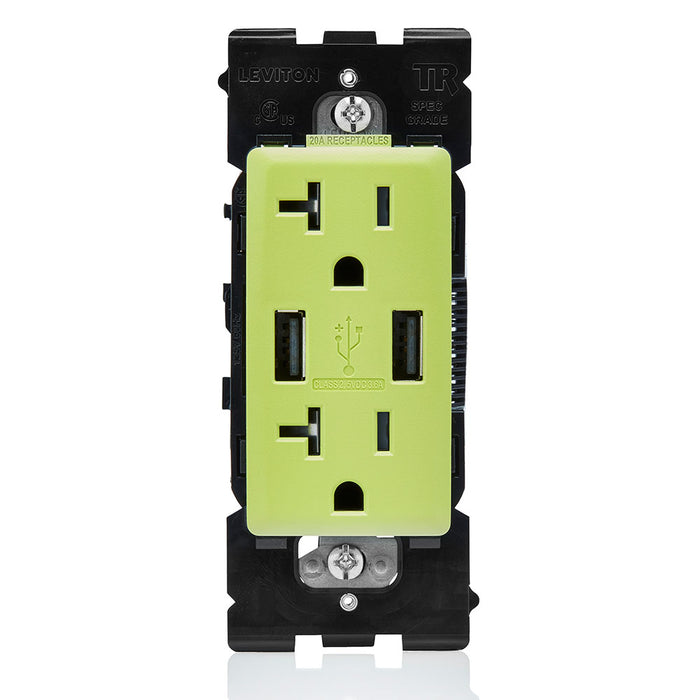 Leviton Combination Duplex Receptacle/Outlet And USB Charger 20 Amp 125V Renu Tamper-Resistant Receptacle/Outlet NEMA 5-20R Granny Smith Apple (RUAA2-GS)