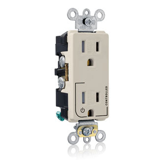Leviton Decora Plus Duplex Receptacle Outlet Heavy-Duty Industrial Spec Grade Split-Circuit One Outlet Marked Controlled 15 Amp 125V Back Or Side Wire Light Almond (TDR15-S1T)