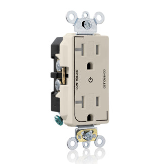 Leviton Decora Plus Duplex Receptacle Outlet Heavy-Duty Industrial Spec Grade Two Outlets Marked Controlled 20 Amp 125V Back And Side Wire Light Almond (TDR20-S2T)