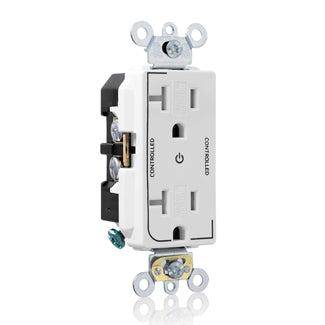 Leviton Decora Plus Duplex Receptacle Outlet Heavy-Duty Industrial Spec Grade Two Outlets Marked Controlled 20 Amp 125V Back And Side Wire White (TDR20-S2W)