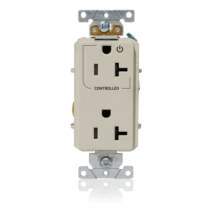 Leviton Decora Plus Duplex Receptacle Outlet Heavy-Duty Industrial Spec Grade Split-Circuit One Outlet Marked Controlled 20 Amp 125V Light Almond (16352-1PT)