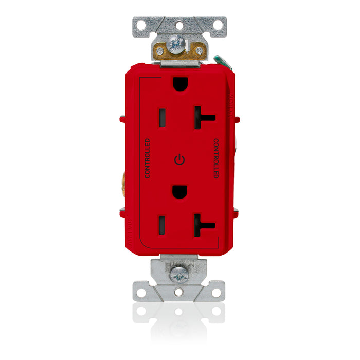 Leviton Decora Plus Duplex Receptacle Outlet Heavy-Duty Industrial Spec Grade Two Outlets Marked Controlled Smooth Face 20 Amp 125V Red (16352-2PR)