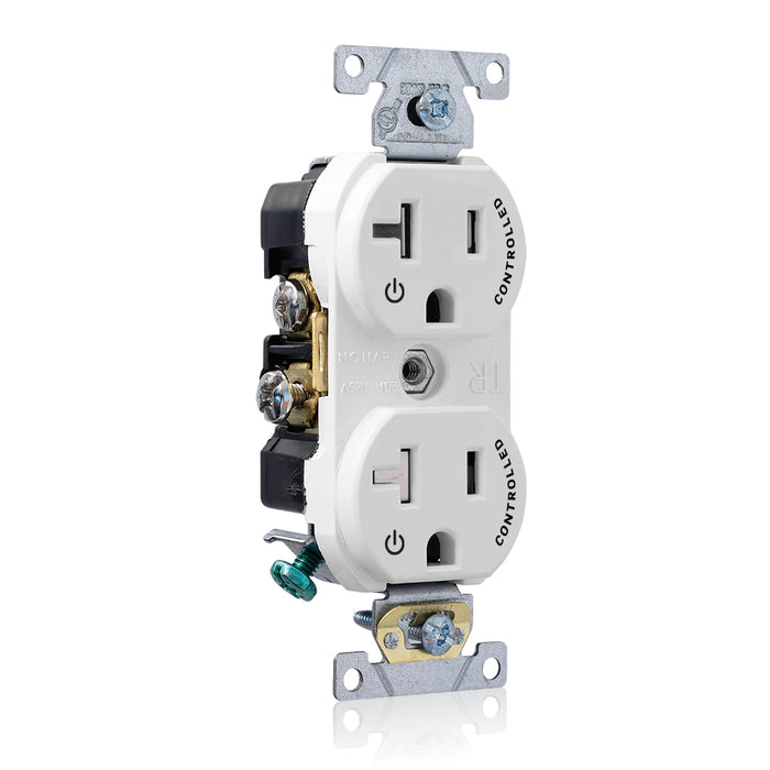 Leviton 20 Amp 125V NEMA 5-20R 2P 3W Spec Grade Duplex Receptacle Hot Terminal Split With 1 Plug Controlled Straight Blade White (TBR20-S1W)