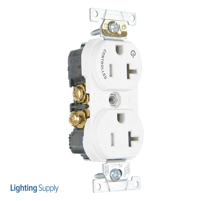 Leviton 20 Amp 125V NEMA 5-20R 2P 3W Spec Grade Duplex Receptacle Hot Terminal Split With 1 Plug Controlled Straight Blade White (TBR20-S1W)