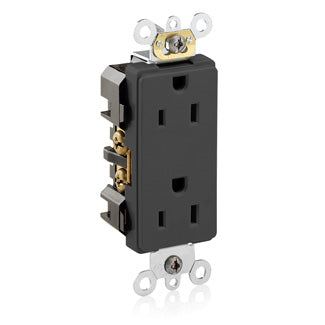 Leviton Decora Plus Duplex Receptacle Outlet Heavy-Duty Industrial Spec Grade Smooth Face 15 Amp 125V Back Or Side Wire Black (16262-E)