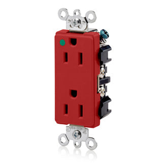 Leviton Decora Plus Duplex Receptacle Outlet Extra Heavy-Duty Hospital Grade Smooth Face 15 Amp 125V Back Or Side Wire NEMA 5-15R Red (16262-HGR)