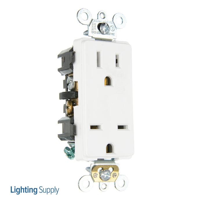 Leviton Decora Plus Duplex Receptacle Outlet Commercial Spec Grade Dual Voltage Smooth Face 15 Amp 125/250V Back Or Side Wire White (16292-W)
