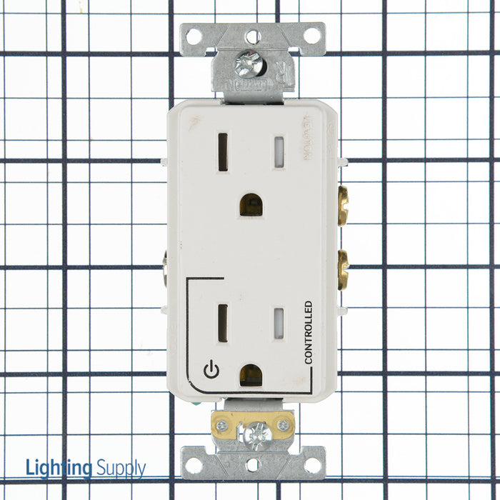 Leviton Decora Plus Duplex Receptacle Outlet Heavy-Duty Industrial Spec Grade Split-Circuit One Outlet Marked Controlled 15 Amp 125V Back Or Side Wire White (TDR15-S1W)