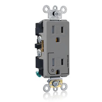 Leviton Decora Plus Duplex Receptacle Outlet Heavy-Duty Industrial Spec Grade Split-Circuit One Outlet Marked Controlled 15 Amp 125V Back Or Side Wire Gray (TDR15-S1G)