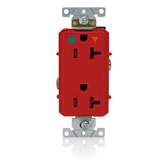 Leviton Decora Plus Isolated Ground Duplex Receptacle Outlet Heavy-Duty Hospital Grade Smooth Face 20 Amp 125V Back Or Side Wire Red (D8300-IGR)