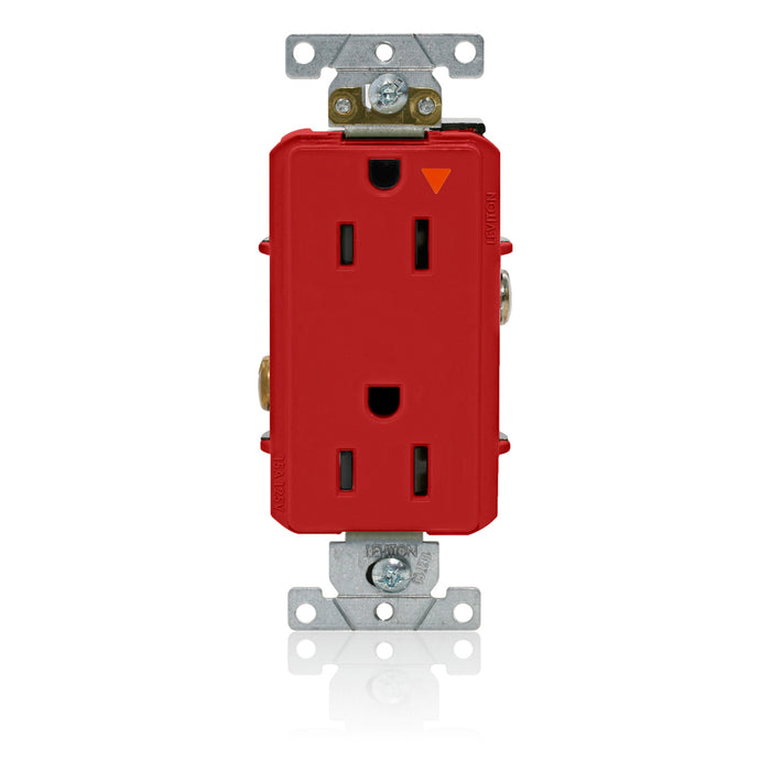 Leviton Decora Plus Isolated Ground Duplex Receptacle Outlet Heavy-Duty Industrial Spec Grade Smooth Face 15 Amp 125V Red (16262-RIG)