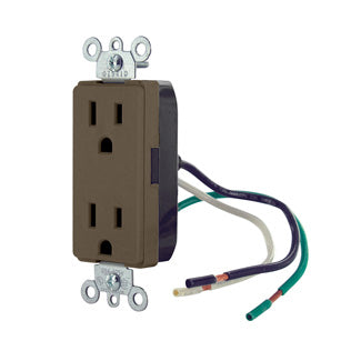 Leviton Decora Plus Duplex Receptacle Outlet Commercial Spec Grade Smooth Face 15 Amp 125V Pre-Wired Leads NEMA 5-15R Brown (16252-L0)