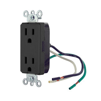 Leviton Decora Plus Duplex Receptacle Outlet Commercial Spec Grade Smooth Face 15 Amp 125V Pre-Wired Leads NEMA 5-15R Black (16252-LE)