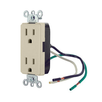 Leviton Decora Plus Duplex Receptacle Outlet Commercial Spec Grade Smooth Face 15 Amp 125V Pre-Wired Leads NEMA 5-15R Ivory (16252-LI)