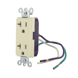 Leviton Decora Plus Duplex Receptacle Outlet Commercial Spec Grade Smooth Face 20 Amp 125V Pre-Wired Leads NEMA 5-20R Ivory (16352-LI)