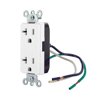 Leviton Decora Plus Duplex Receptacle Outlet Commercial Spec Grade Smooth Face 20 Amp 125V Pre-Wired Leads NEMA 5-20R White (16352-LW)