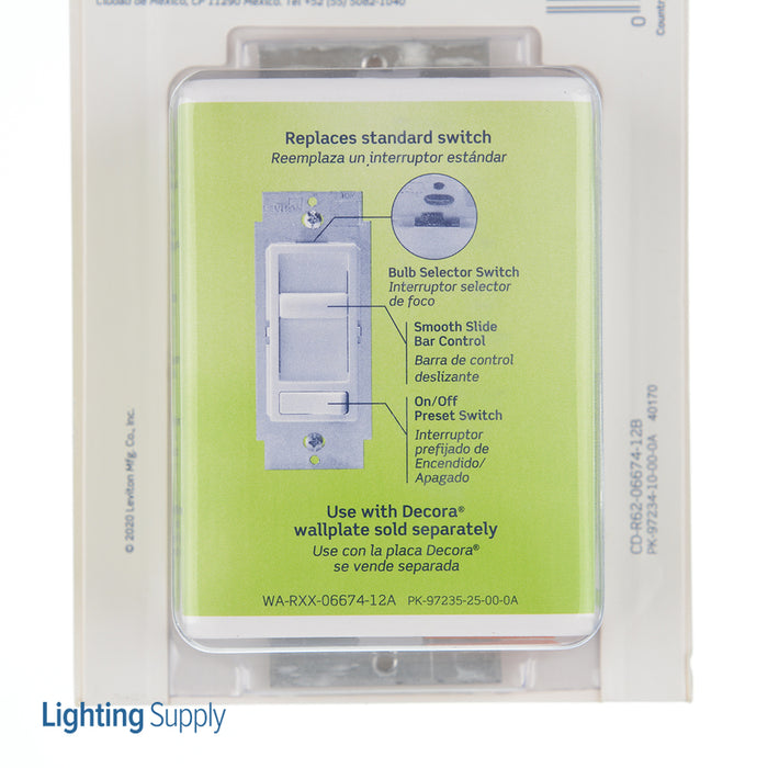 Leviton Decora SureSlide Universal LED Dimmer 600W-120VAC Incandescent And 150W-120VAC Dimmable LED And Compact Fluorescent White (6674-P0W)