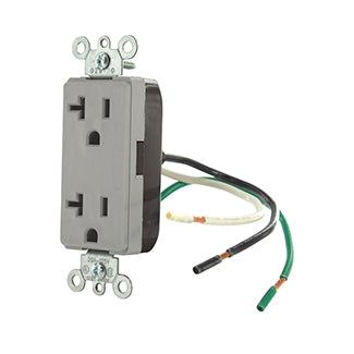 Leviton Decora Plus Duplex Receptacle Outlet Commercial Spec Grade Smooth Face 20 Amp 125V Pre-Wired Leads Hot And Neutral Gray (16352-CGY)