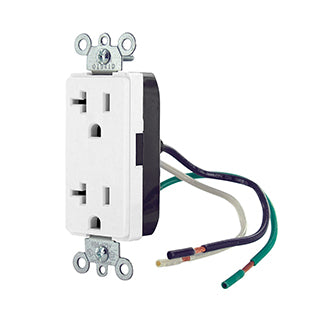 Leviton Decora Plus Duplex Receptacle Outlet Commercial Spec Grade Smooth Face 20 Amp 125V Pre-Wired Leads Hot And Neutral White (16352-CW)