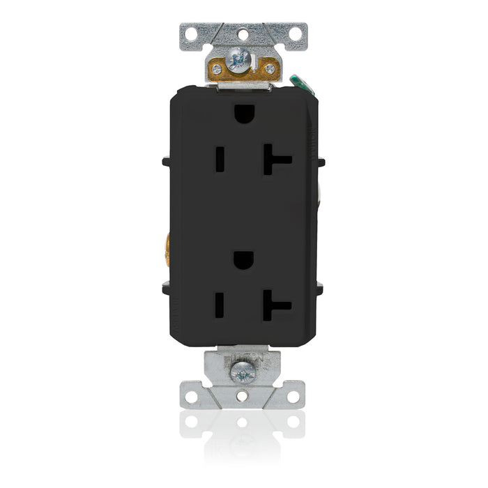 Leviton Decora Plus Duplex Receptacle Outlet Heavy-Duty Industrial Spec Grade Smooth Face 20 Amp 125V Back Or Side Wire Black (16352-E)