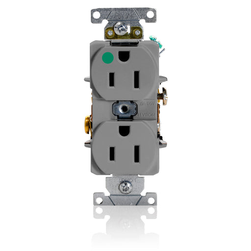Leviton Duplex Receptacle Outlet Heavy-Duty Hospital Grade Smooth Face 15 Amp 125V Back Or Side Wire NEMA 5-15R 2-Pole 3-Wire Gray (8200-HGY)