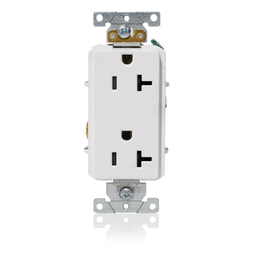 Leviton Decora Plus Duplex Receptacle Outlet Heavy-Duty Industrial Spec Grade Smooth Face 20 Amp 125V Back Or Side Wire White (16352-W)