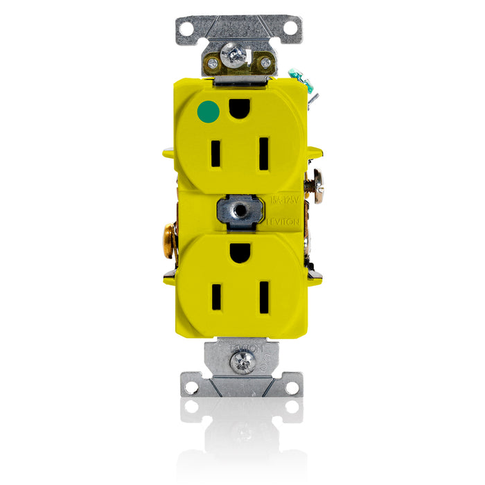 Leviton Duplex Receptacle Outlet Heavy-Duty Hospital Grade Smooth Face 15 Amp 125V Back Or Side Wire NEMA 5-15R 2-Pole 3-Wire Yellow (8200-HY)