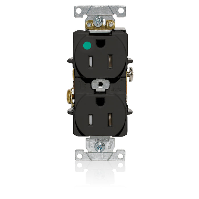 Leviton Duplex Receptacle Outlet Heavy-Duty Hospital Grade Tamper-Resistant Smooth Face 15 Amp 125V Back Or Side Wire NEMA 5-15R Black (T8200-E)