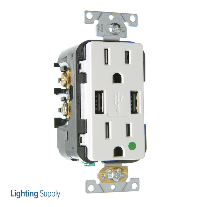 Leviton Duplex Receptacle Outlet Heavy-Duty Hospital Grade Tamper-Resistant With USB Two Type A USB Ports (3.6 Amp) 15A 125V Back Or Side Wire White (T5632-HGW)