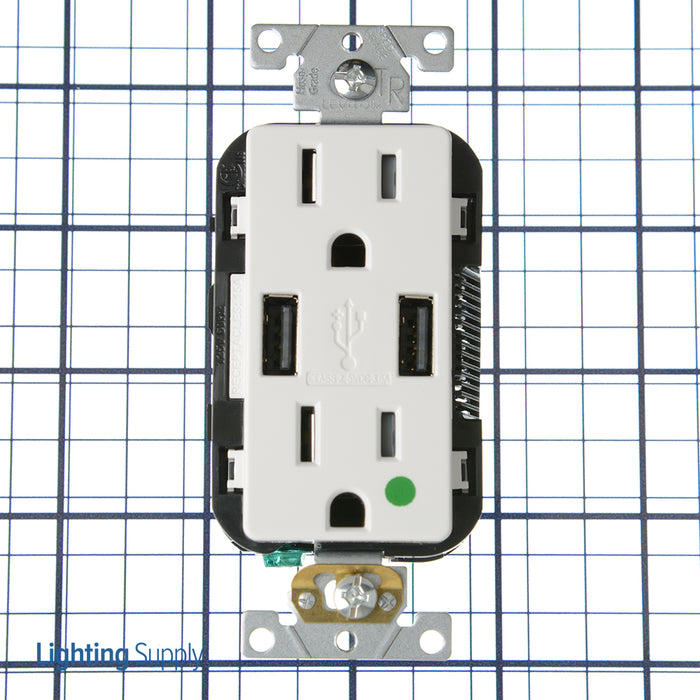 Leviton Duplex Receptacle Outlet Heavy-Duty Hospital Grade Tamper-Resistant With USB Two Type A USB Ports (3.6 Amp) 15A 125V Back Or Side Wire White (T5632-HGW)