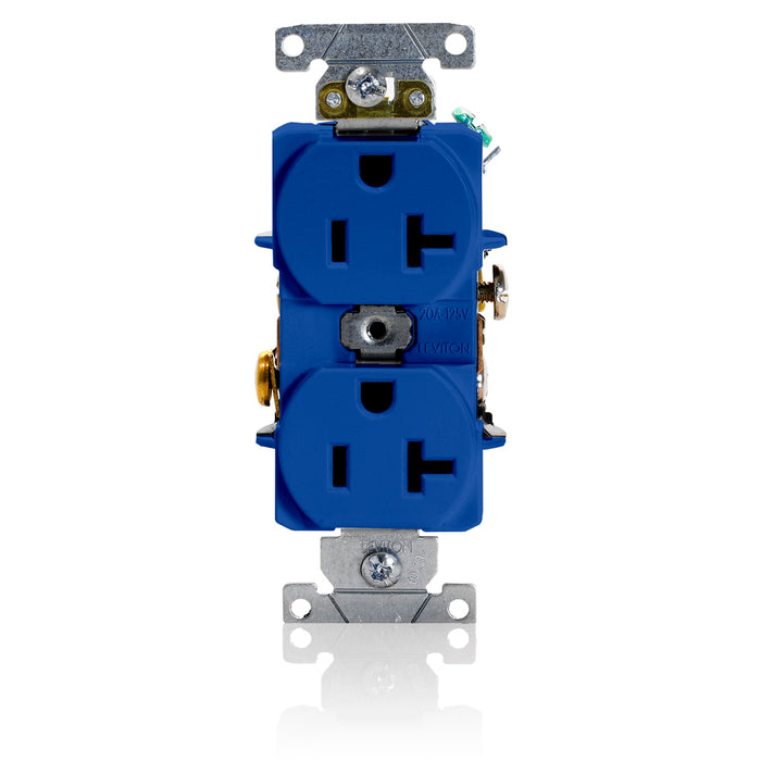 Leviton Duplex Receptacle Outlet Heavy-Duty Industrial Spec Grade Smooth Face 20 Amp 125V Back Or Side Wire NEMA 5-20R Blue (5352-BU)