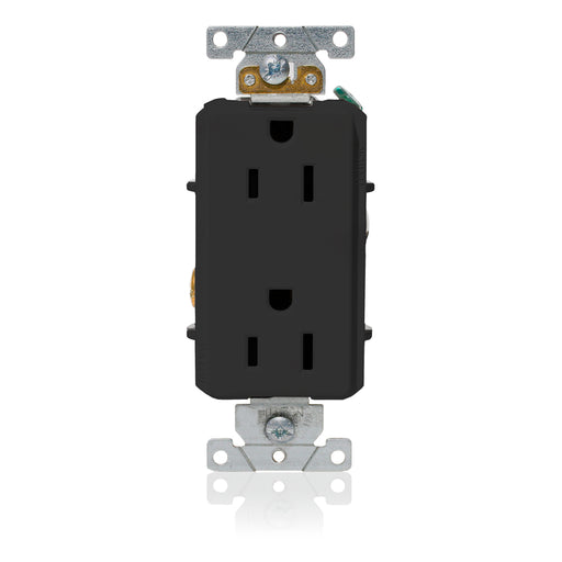 Leviton Decora Plus Duplex Receptacle Outlet Heavy-Duty Industrial Spec Grade Smooth Face 15 Amp 125V Back Or Side Wire Black (16252-E)