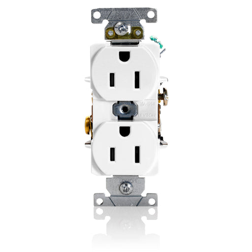 Leviton Duplex Receptacle Outlet Heavy-Duty Industrial Spec Grade Smooth Face 15 Amp 125V Back Or Side Wire NEMA 5-15R White (5262-SW)