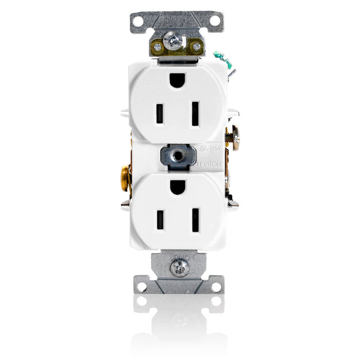 Leviton Duplex Receptacle Outlet Heavy-Duty Industrial Spec Grade Smooth Face 15 Amp 125V Back Or Side Wire NEMA 5-15R White (5262-SW)