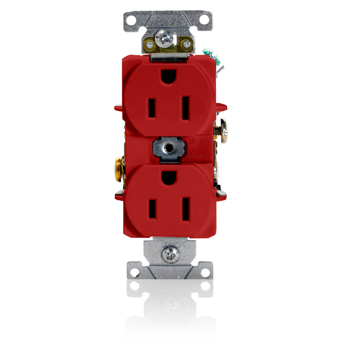 Leviton Duplex Receptacle Outlet Heavy-Duty Industrial Spec Grade Smooth Face 15 Amp 125V Back Or Side Wire NEMA 5-15R Red (5262-SR)