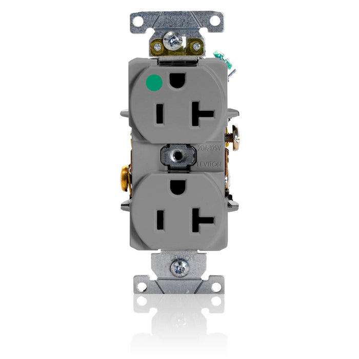 Leviton Duplex Receptacle Outlet Heavy-Duty Hospital Grade Smooth Face 20 Amp 125V Back Or Side Wire NEMA 5-20R 2-Pole 3-Wire Gray (8300-HGY)