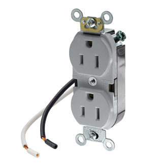 Leviton Duplex Receptacle Outlet Heavy-Duty Industrial Spec Grade Smooth Face 15 Amp 125V Pre-Wired Leads-Hot And Neutral Gray (5262-CGY)