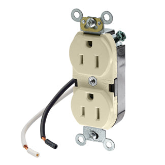 Leviton Duplex Receptacle Outlet Heavy-Duty Industrial Spec Grade Smooth Face 15 Amp 125V Pre-Wired Leads-Hot And Neutral Ivory (5262-CI)