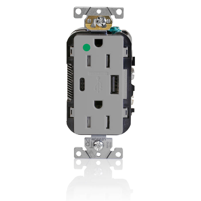 Leviton Gray Combination Duplex Hospital Grade Receptacle AC USB Charger 15A 125V (T5633-HGG)