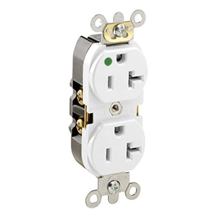 Leviton Duplex Receptacle Outlet Heavy-Duty Hospital Grade Illuminated Smooth Face 20 Amp 125V Back Or Side Wire NEMA 5-20R White (8300-HLW)