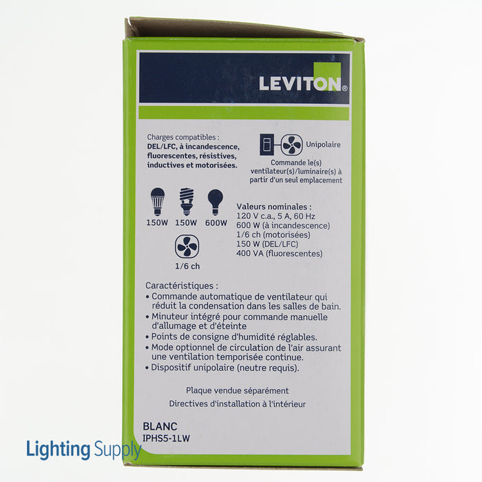 Leviton Humidity Sensor And Fan Control Single-Pole 600W Incandescent 150W LED/CFL 400VA Inductive/Ballast 1/6th HP Motor No Wall Plate White (IPHS5-1LW)