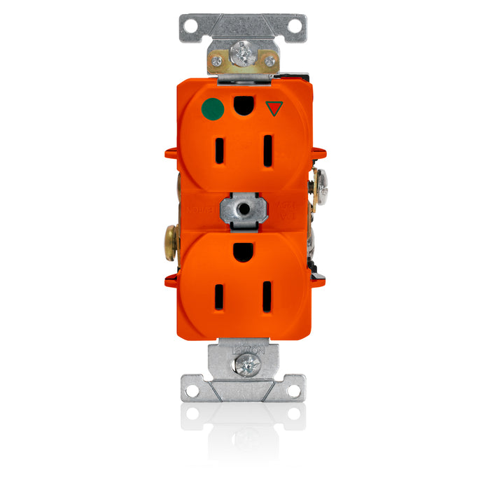 Leviton Isolated Ground Duplex Receptacle Outlet Heavy-Duty Hospital Grade Smooth Face 15 Amp 125V Back Or Side Wire NEMA 5-15R Orange (8200-IG)