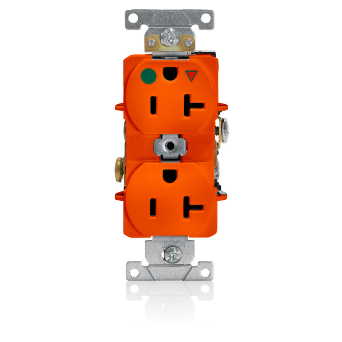 Leviton 20 Amp 125V NEMA 5-20R 2P 3W Narrow Body Duplex Receptacle Straight Blade Hospital Grade Isolated Ground Back And Side Wire Orange (8300-OIG)