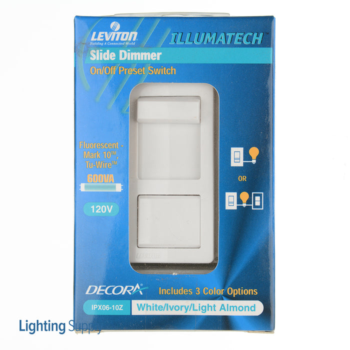 Leviton IllumaTech 600VA Preset Electronic Mark 10 Powerline Fluorescent Slide Dimmer Single-Pole And 3-Way White/Ivory/Light Almond(IPX06-10Z)