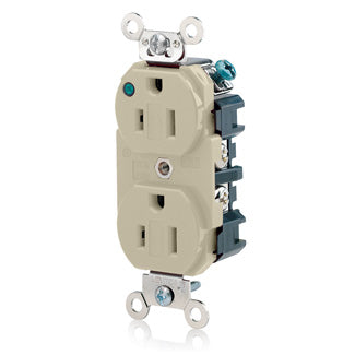 Leviton Duplex Receptacle Outlet Extra Heavy-Duty Hospital Grade Power Indication Smooth Face 15 Amp 125V Back Or Side Wire Ivory (8200-PLI)