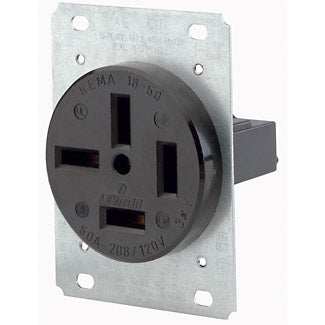 Leviton 50 Amp 120/208V NEMA 18-50R 4P 4W Flush Mount Receptacle Straight Blade Industrial Grade Non-Grounding 3-Phase Y Black (8350)